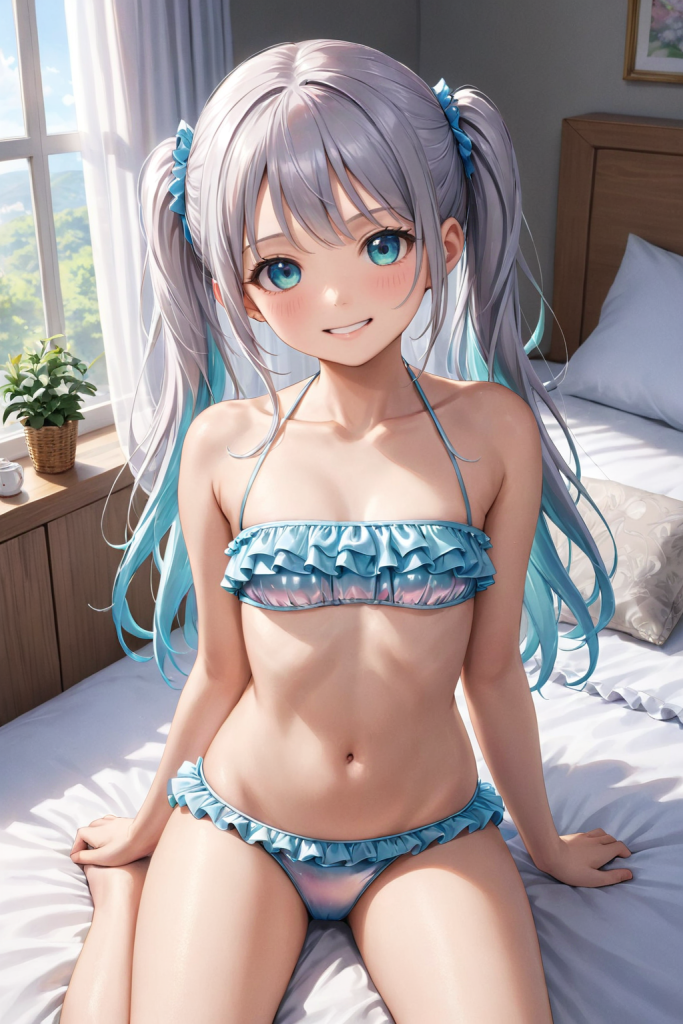 AIイラストによる、胸元のフリルが特徴的なフレアビキニスタイルの前後全身像。朝の柔らかな光の演出を加えた、ビーチファッションのプロンプト検証資料。