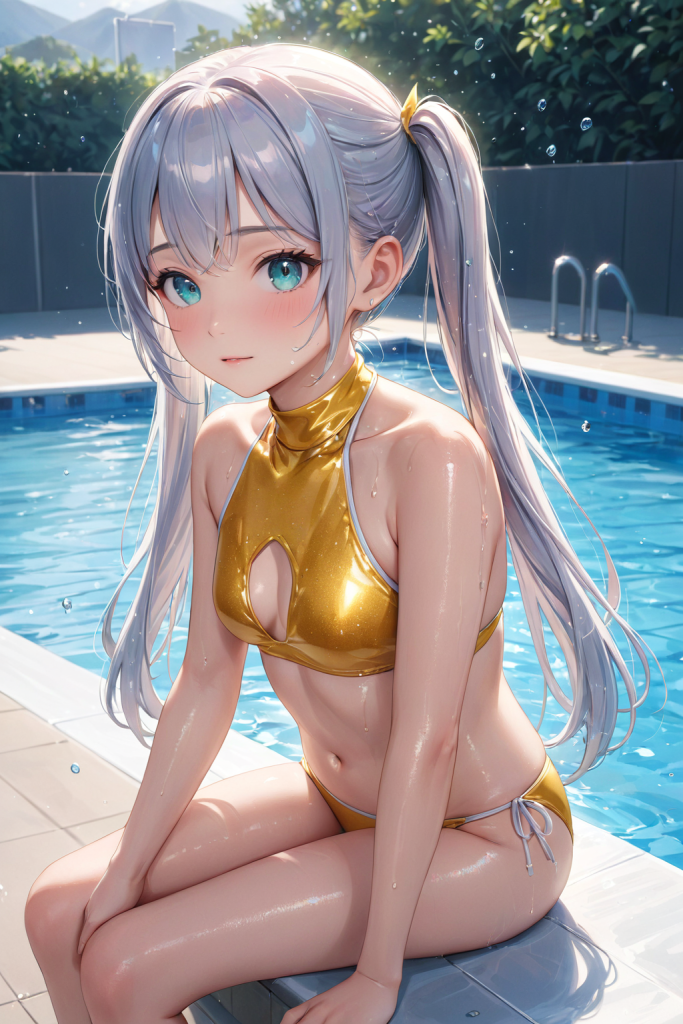 AIイラストによる、ホルターネックが特徴的な黄色いビキニスタイルの前後全身像。滑らかな生地の質感を表現した、ビーチファッションのプロンプト検証資料。