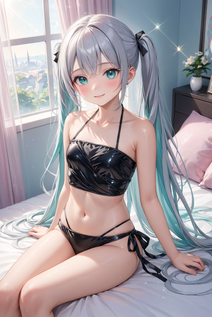 AIイラストで描かれた、黒のクロスラップビキニを着用した「さみさん」。寝室のベッドの上でリラックスするシーンをイメージした、水着デザインの技術資料。