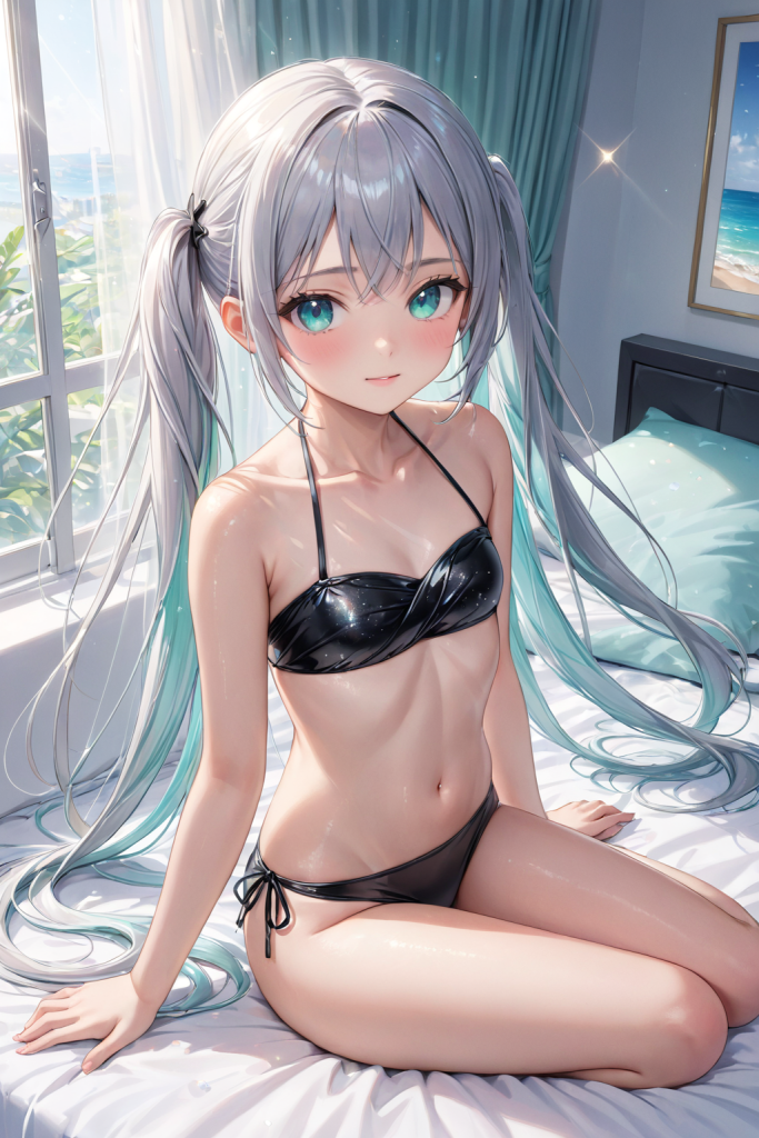 AIイラストによる、ホルターネックとクロスバンドゥが特徴的な黒いラップビキニの前後全身像。複雑な水着の形状を再現した、ビーチファッションのプロンプト検証資料。