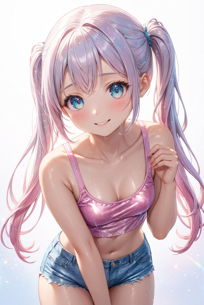 AIイラストで描かれた、都会的で親しみやすいピンクのタンキニスタイル。ショート丈のタンクトップ水着デザインのプロンプト構成案を紹介する技術資料。