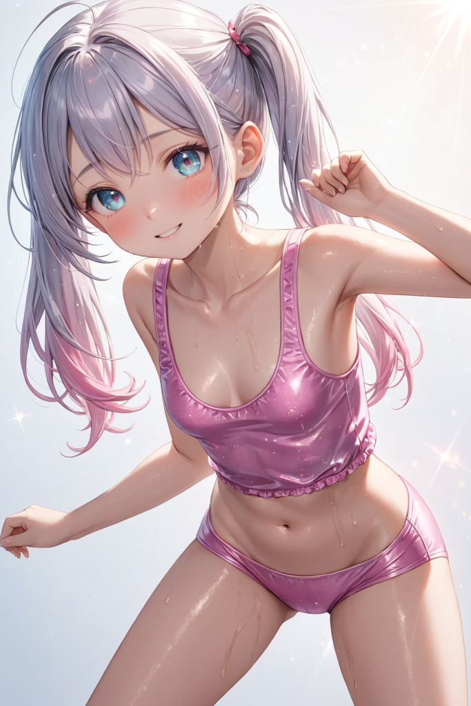 AIイラストで描かれた、ピンクのスポーティーなタンキニ（タンクトップビキニ）を着用した「さみさん」。体型をカバーしつつ可愛らしさを両立した水着デザインの技術資料。