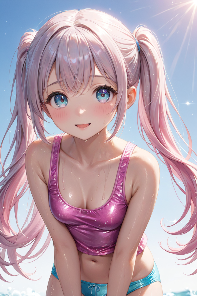 AIイラストによるピンクのタンキニスタイルの前後全身像（水に濡れた質感を表現した演出）。ビーチファッションのプロンプト検証資料。爽やかなスポーツ水着コーデ。