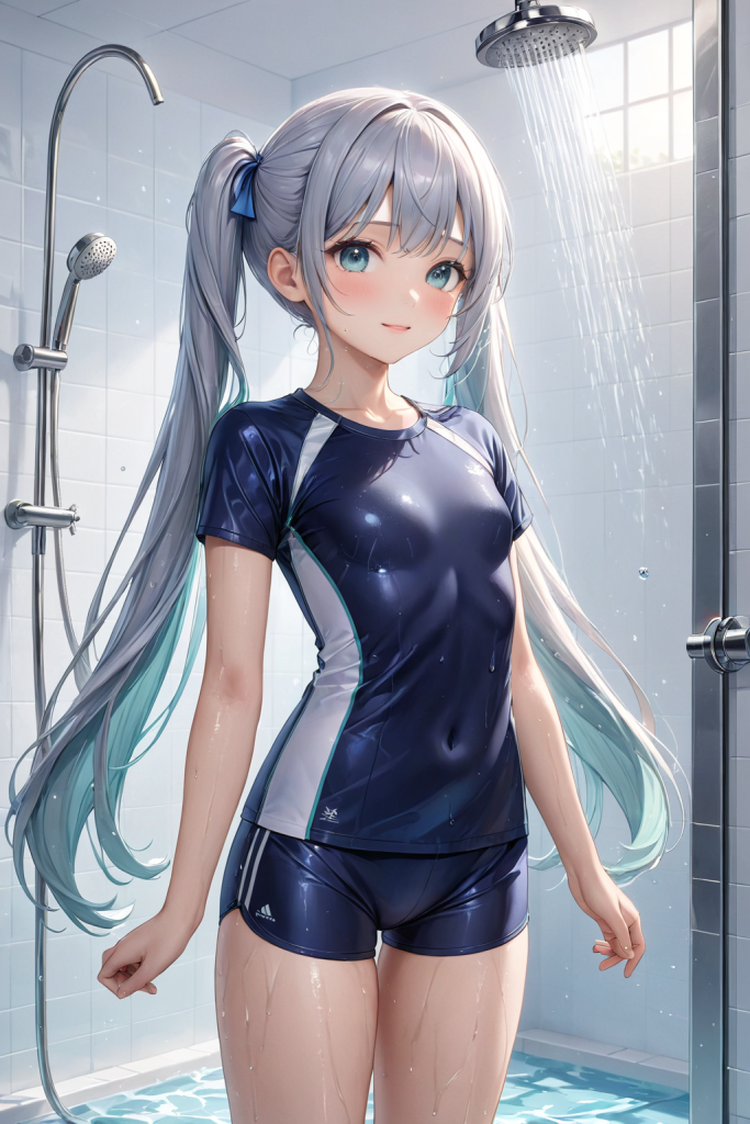 AIイラストで描かれた、現代的なジェンダーレス風スクール水着を着用したシャワーシーン。多様性に配慮したスポーツウェアのプロンプト構成案を紹介する技術資料。