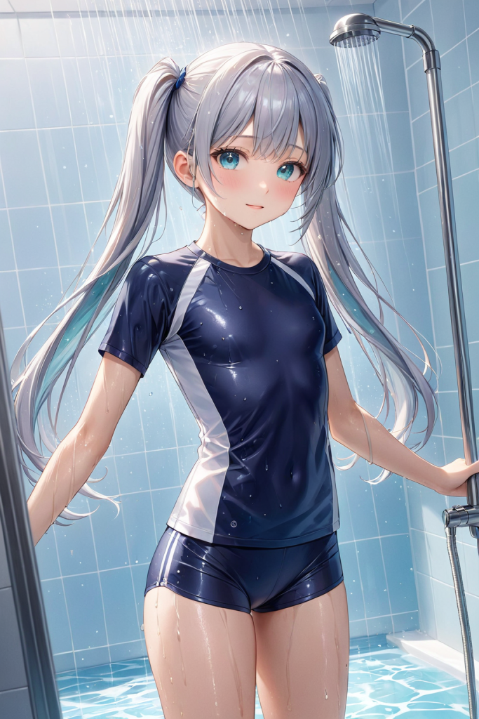 AIイラストで描かれた、機能性重視のジェンダーレス水着の前後全身像（わずかに斜めを向いたポーズ）。同じプロンプトによる形状再現のバリエーション。水泳教育用ウェアのデザインアーカイブ。