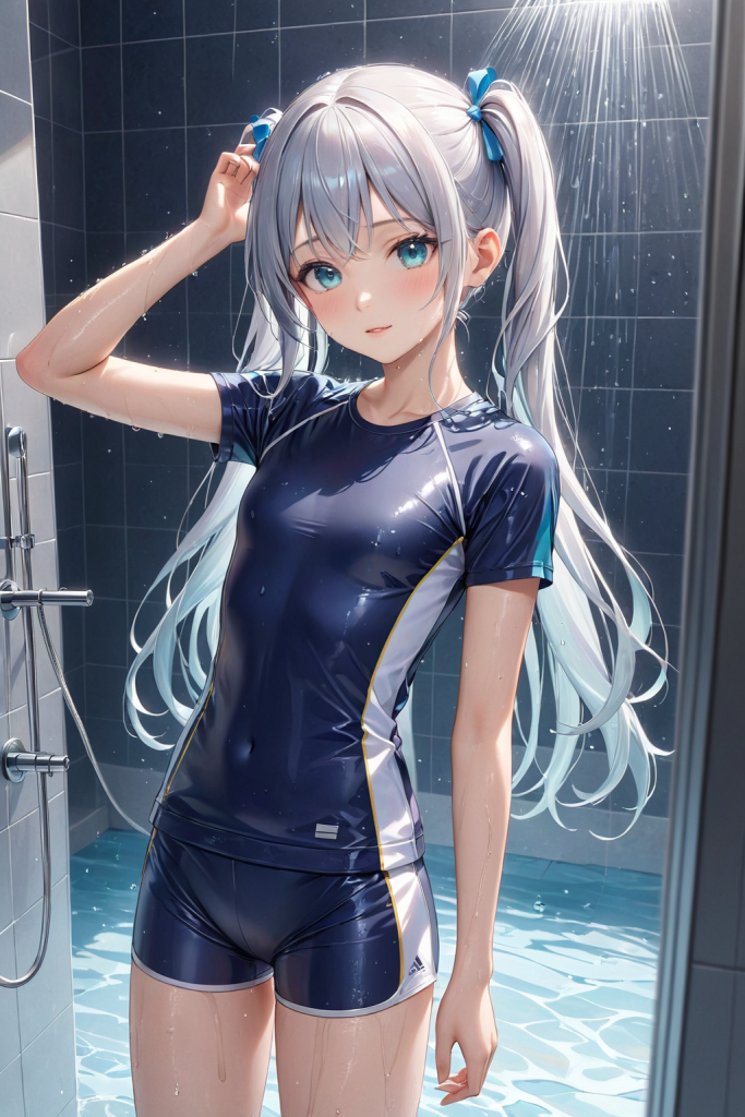 AIイラストによるスクール水着の前後全身像（シャワーの飛沫と光が反射する演出）。水着デザインと質感のプロンプト検証資料。魅力的なスポーツポートレート。