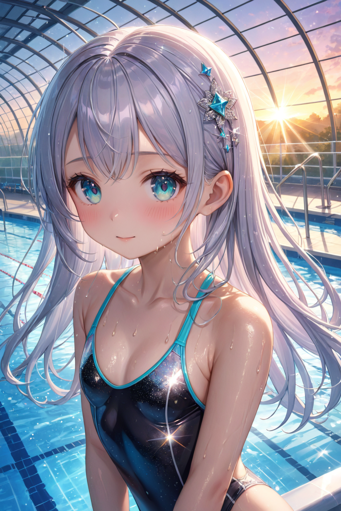 AIイラストで描かれた、機能美溢れる競泳水着の前後全身像（わずかに斜めを向いたポーズ）。同じプロンプトによる形状再現のバリエーション。スポーツウェアのデザインアーカイブ。