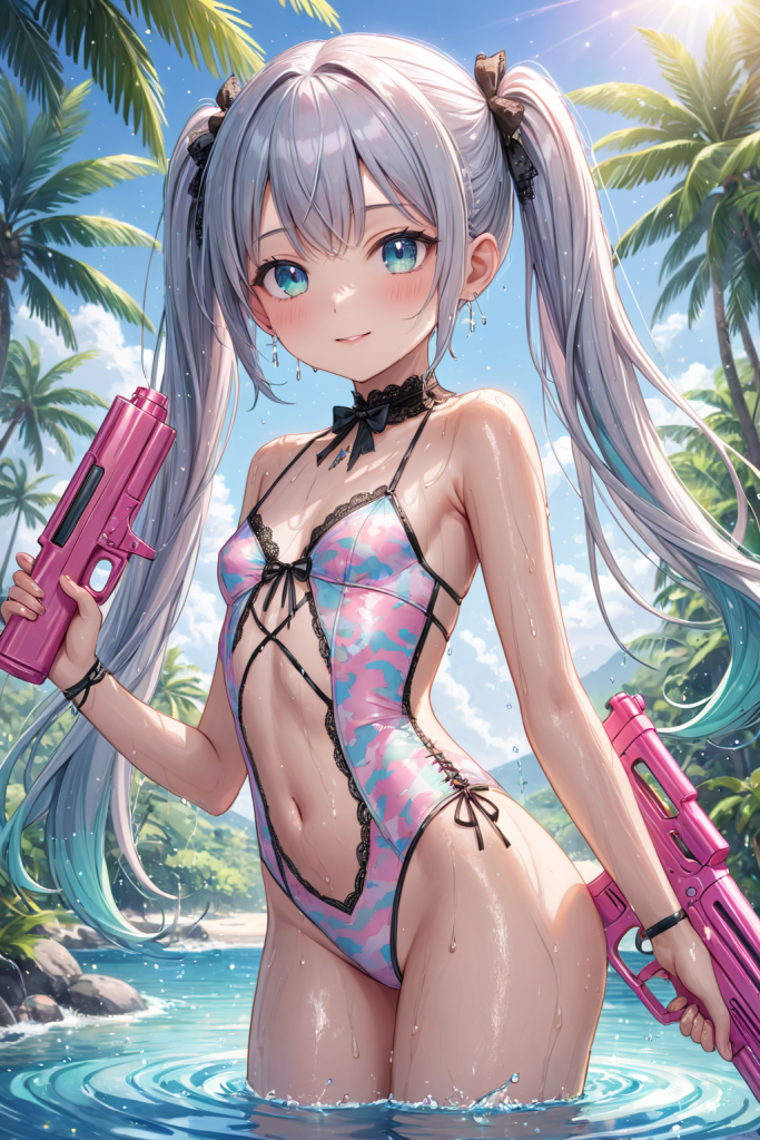 AIイラストで描かれた、ビーチに映えるピンク迷彩(カモフラ)柄のビキニに、カラフルな水鉄砲を合わせた、アクティブな水着コーディネート(前後全身像)。魅力的な水着プロンプトの構成案を紹介する技術資料。下部のラベルがデザインアーカイブであることを示している。