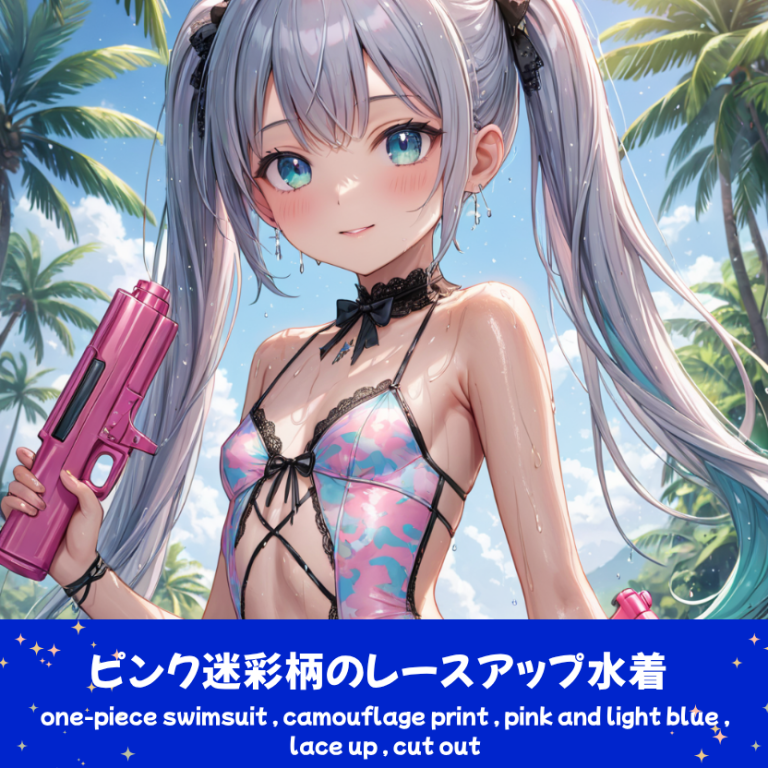 ヤシの木が並ぶビーチでピンクの水鉄砲を持つ、銀髪ツインテールの「さみさん」。ピンクと水色の迷彩柄ワンピース水着を着用した、アクティブなAIイラスト。下部のプロンプトラベルがデザインアーカイブであることを示している。