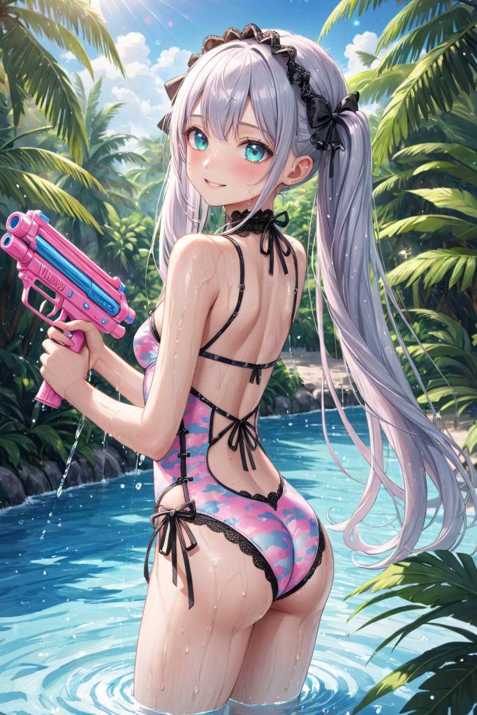 AIイラストで描かれた、迷彩柄が可愛いリゾートに映えるホルターネックビキニと水鉄砲(魅力的なビーチポーズ)。ビーチファッションデザインの形状再現を目的とした技術資料。