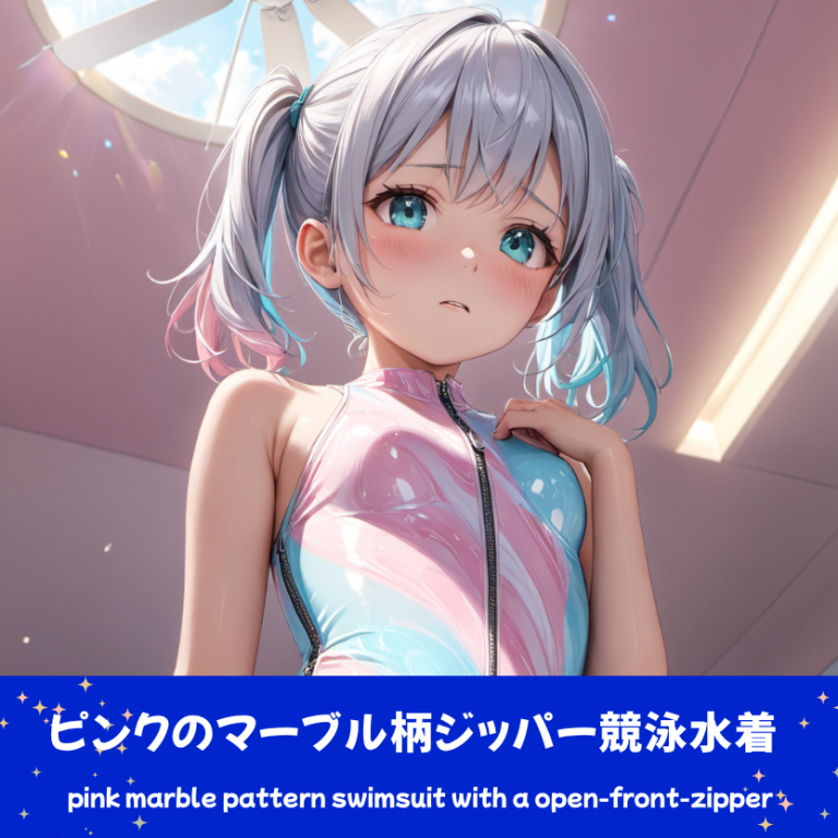 ピンクマーブル模様のフロントジッパー水着を着たさみさん。下部のプロンプトラベルがデザインアーカイブであることを示している。