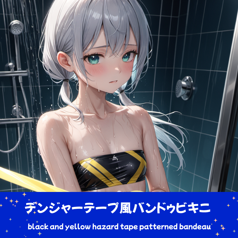 ハザードテープ風のバンドゥでシャワーを浴びるさみさん。下部のプロンプトラベルがデザインアーカイブであることを示している。