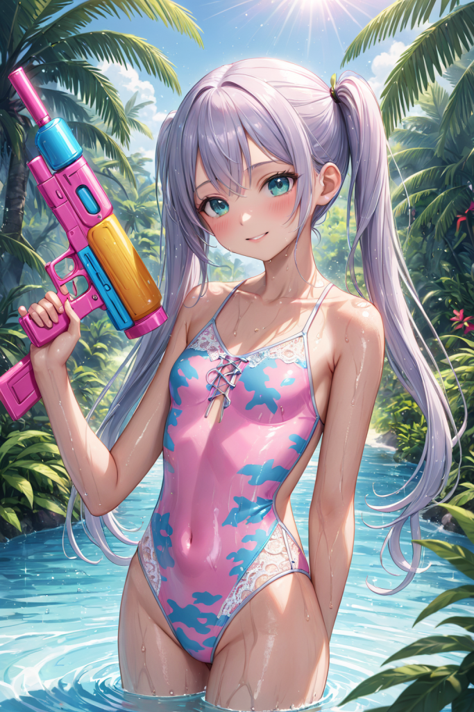 AIイラストによるサバゲー気分満載なピンク迷彩柄ビキニと水鉄砲の前後全身像(真夏の太陽のような強い光の演出)。水着デザインと小物のプロンプト検証資料。魅力的なビーチコーデ。