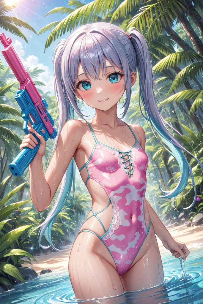 AIイラストで描かれた、ピンク迷彩柄ビキニと水鉄砲の前後全身像(わずかに斜めを向いたポーズ)。同じプロンプトによる形状再現のバリエーション。ビーチファッションのデザイン例。