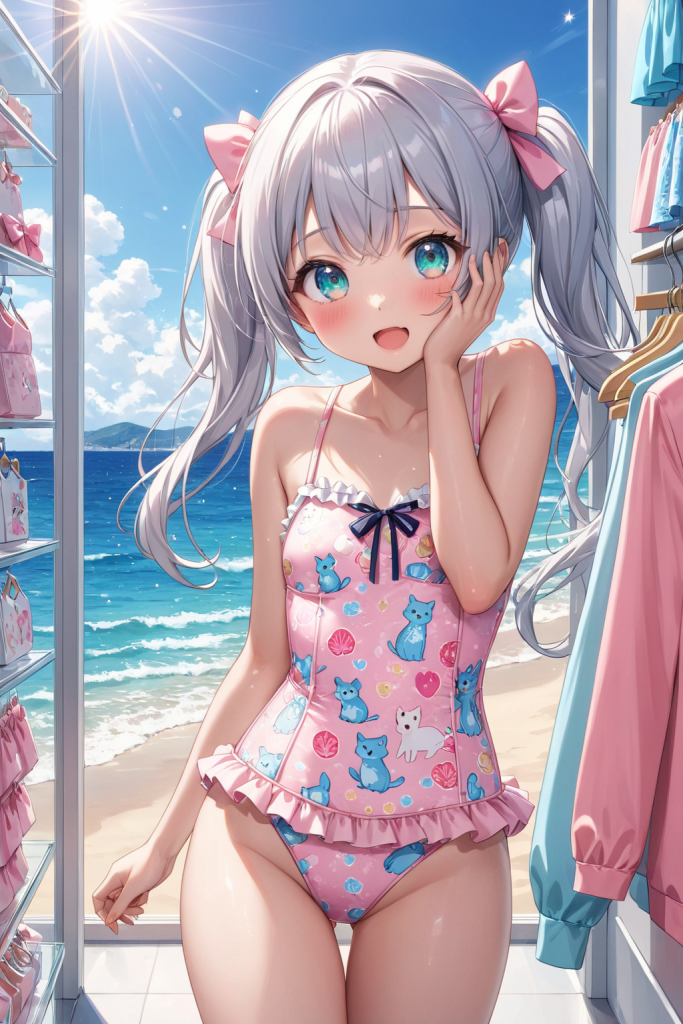 AIイラストで描かれた、強気で可愛いピンクアニマル柄がビーチに映えるワンピース水着（前後全身像）。魅力的な水着プロンプトの構成案を紹介する技術資料。下部のラベルがデザインアーカイブであることを示している。