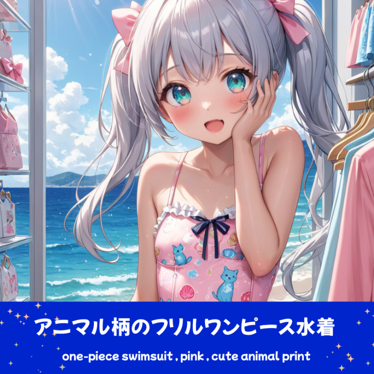 ビーチサイドのショップに立つ、銀髪ツインテールの「さみさん」。猫や犬などの動物が描かれたパステルピンクのフリル付きワンピース水着を着用し、楽しそうに微笑むAIイラスト。下部のプロンプトラベルがデザインアーカイブであることを示している。