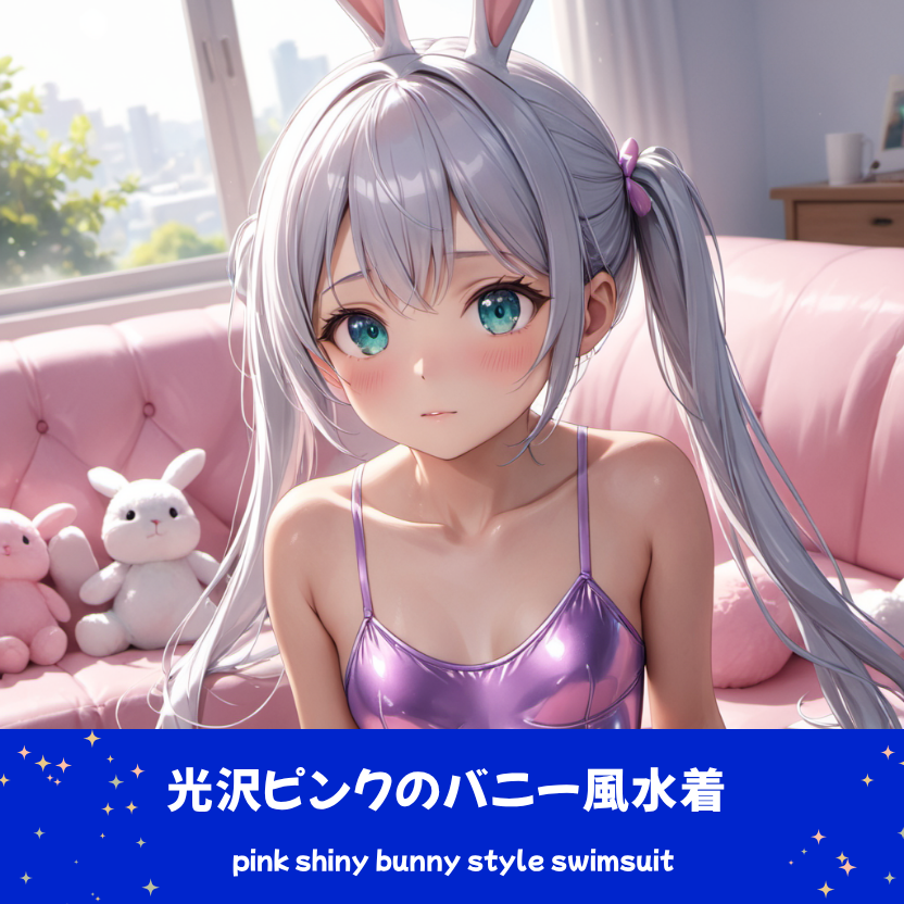 バニー水着を着用した銀髪の少女さみさん。光沢感のあるメタリックパープルの水着と、うさ耳カチューシャが特徴のAIイラスト。下部のプロンプトラベルがデザインアーカイブであることを示している。