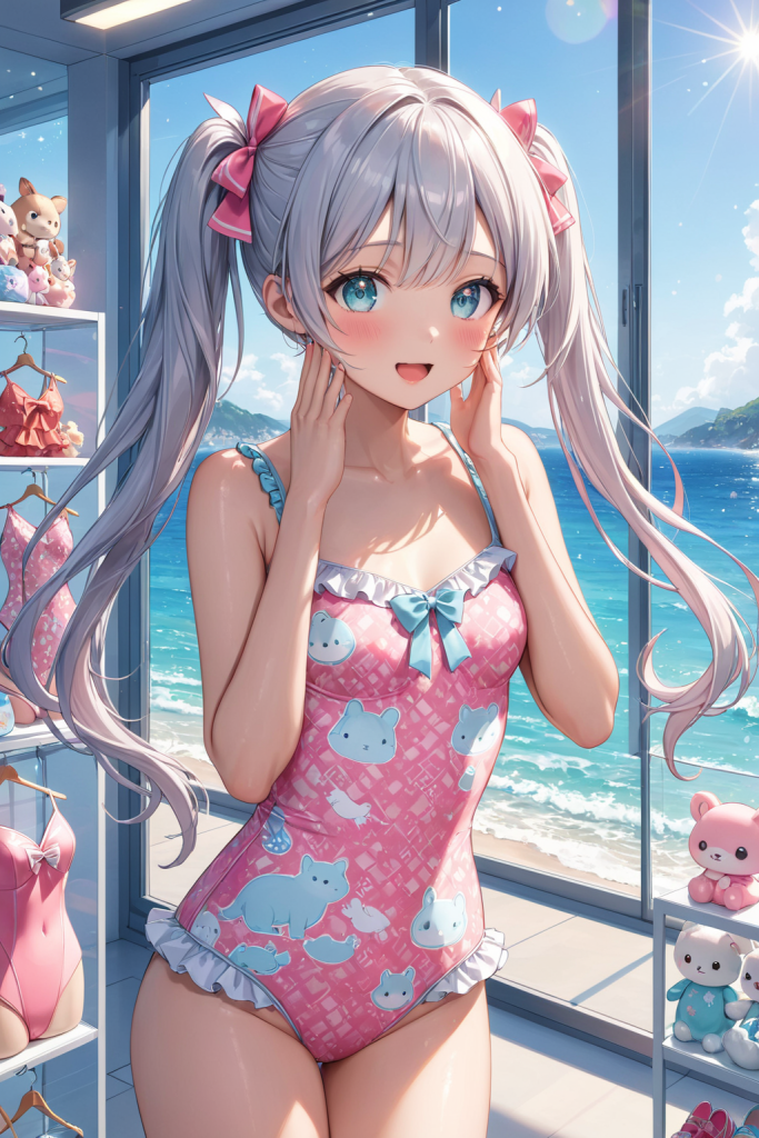 AIイラストで描かれた、アニマル柄が可愛いリゾートに映えるホルターネックワンピース水着（魅力的なビーチポーズ）。ビーチファッションデザインの形状再現を目的とした技術資料。