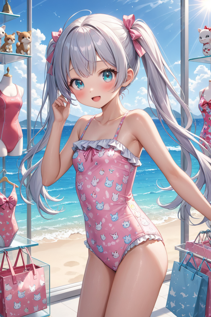 AIイラストによるピンクアニマル柄ワンピース水着の前後全身像（真夏の太陽のような強い光の演出）。水着デザインのプロンプト検証資料。魅力的なビーチコーデ。