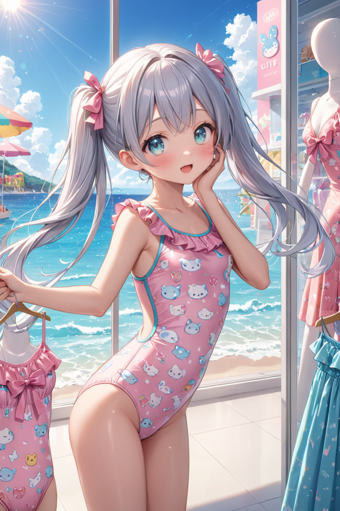 AIイラストで描かれた、ピンクアニマル柄ワンピース水着の前後全身像（わずかに斜めを向いたポーズ）。同じプロンプトによる形状再現のバリエーション。ビーチファッションのデザイン例。