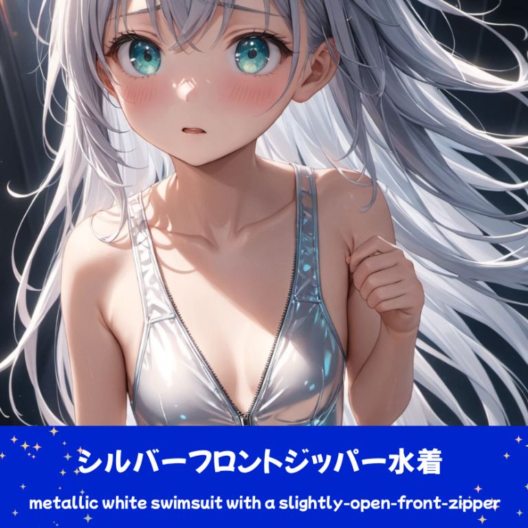 AIイラストによる、黒地に白いラインが入ったフロントジッパー水着の前後全身像。機能美のあるデザインと生地の質感を再現した、プロンプト検証資料。