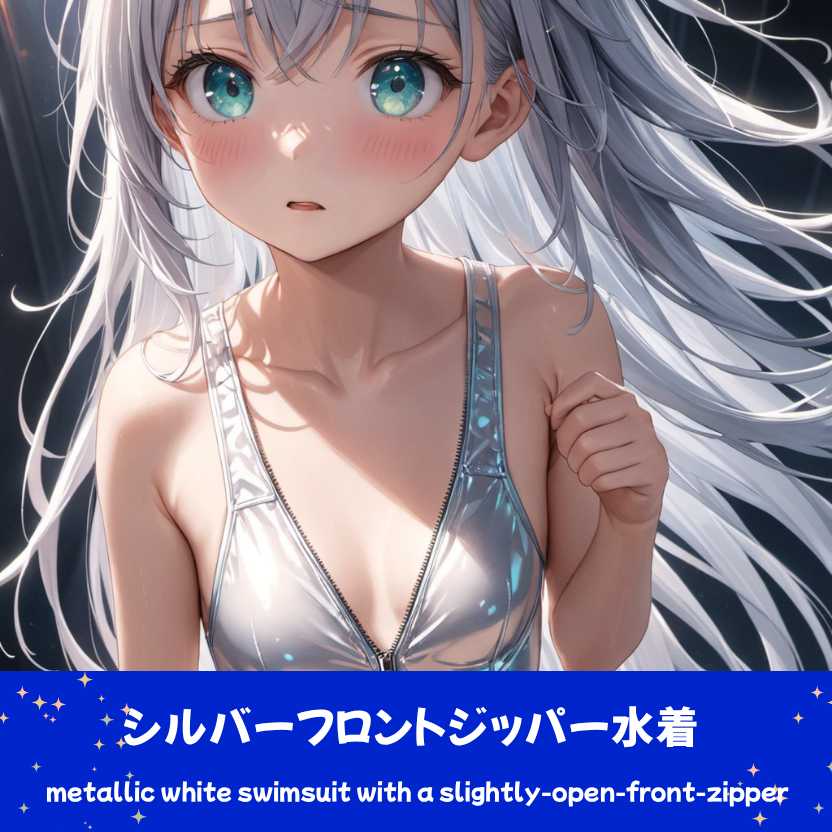 AIイラストによる、黒地に白いラインが入ったフロントジッパー水着の前後全身像。機能美のあるデザインと生地の質感を再現した、プロンプト検証資料。