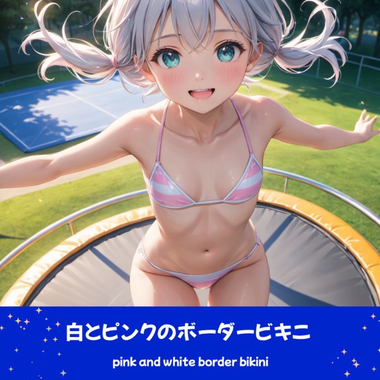 白とピンクのボーダービキニでトランポリン。下部のプロンプトラベルがデザインアーカイブであることを示している。