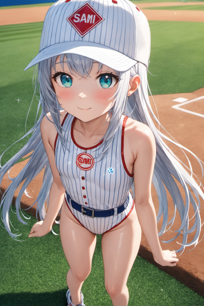 野球場のスタジアムを背景に、ピンストライプ柄の野球ユニフォーム風水着とキャップを着用して微笑む銀髪の「さみさん」。スポーティーな最新AIイラスト。