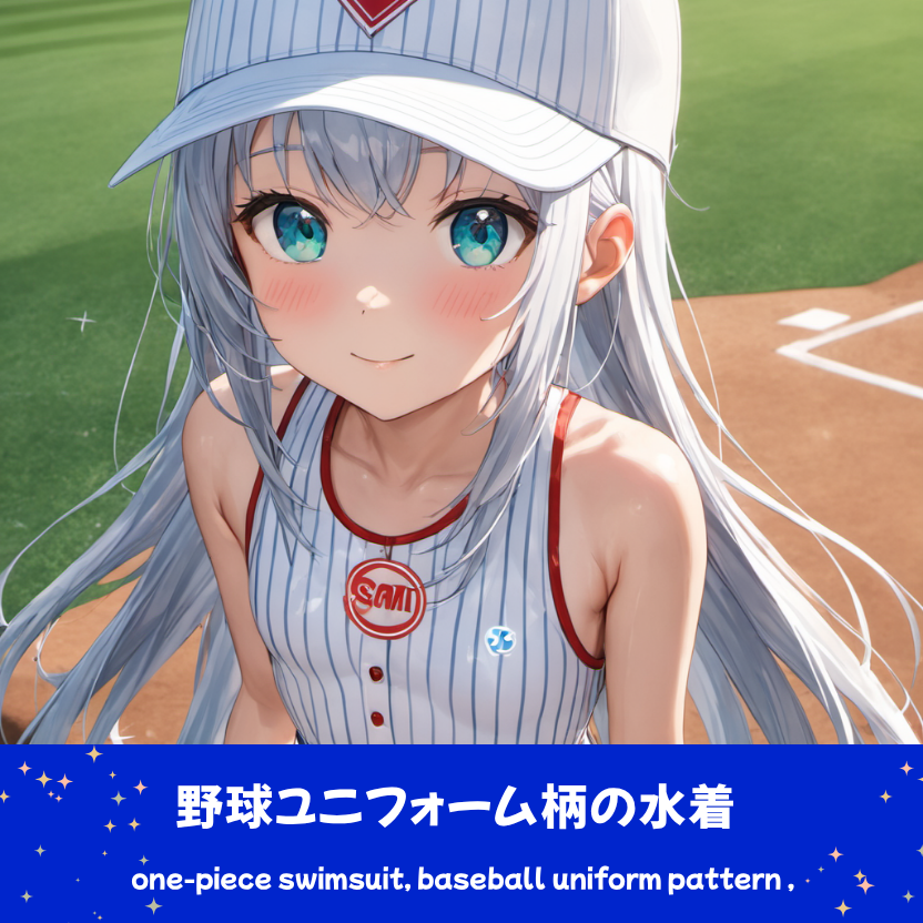 野球場のスタジアムを背景に、ピンストライプ柄の野球ユニフォーム風水着とキャップを着用して微笑む銀髪の「さみさん」。スポーティーな最新AIイラスト。下部のプロンプトラベルがデザインアーカイブであることを示している。