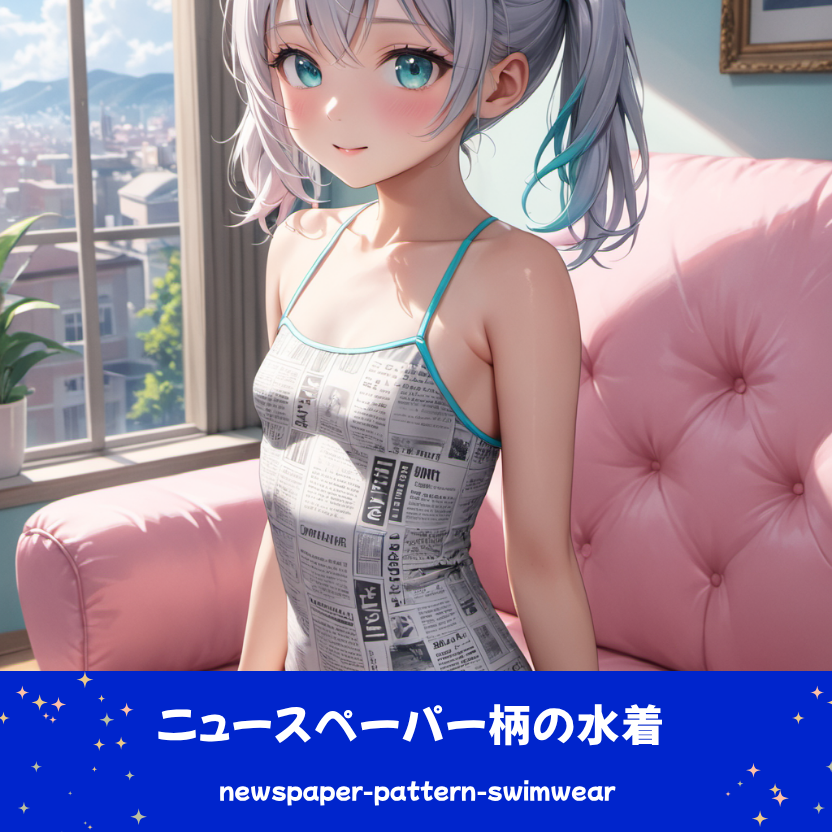 ニュースペーパー柄の水着でピンクのソファに座りくつろぐさみさん。下部のプロンプトラベルがデザインアーカイブであることを示している。