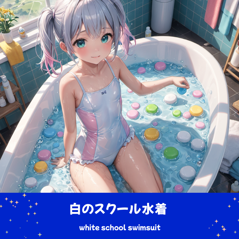 白スクール水着でお風呂中のさみさん。下部のプロンプトラベルがデザインアーカイブであることを示している。