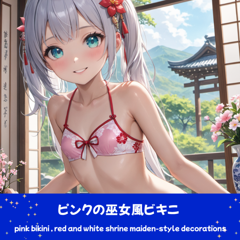 和室でピンク巫女風ビキニを着るさみさん。下部のプロンプトラベルがデザインアーカイブであることを示している。