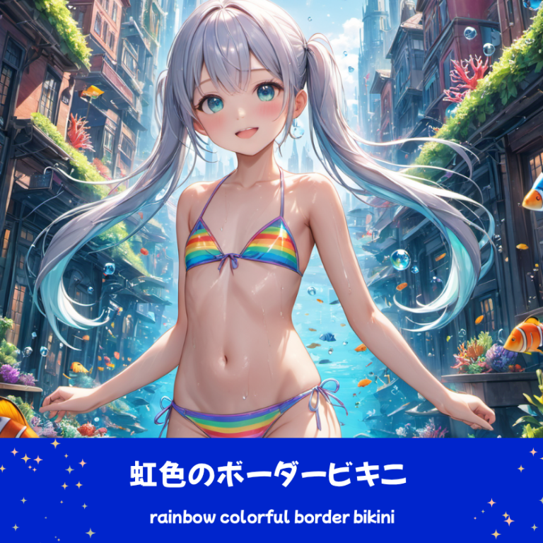 AIイラストで描かれた、虹色のボーダー柄ビキニを着用した「さみさん」。幻想的なファンタジー世界の背景と衣装の色彩の調和を追求した技術資料。