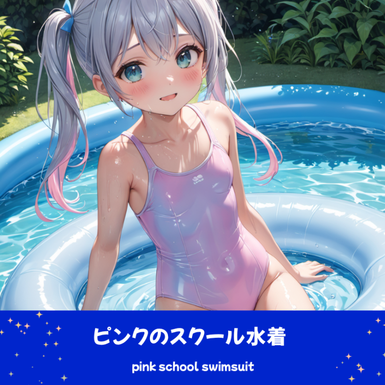 ピンクのスクール水着でビニールプール遊び中。下部のプロンプトラベルがデザインアーカイブであることを示している。