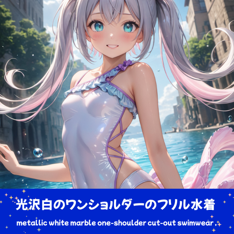 白と紫のワンショルダー水着。カットアウトや紐装飾もあり。下部のプロンプトラベルがデザインアーカイブであることを示している。