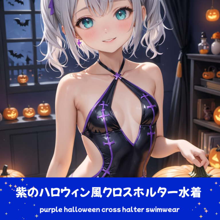 ハロウィン風。ジャック・オー・ランタンと銀髪のさみさんのパープルクロスホルタービキニイラスト。下部のプロンプトラベルがデザインアーカイブであることを示している。