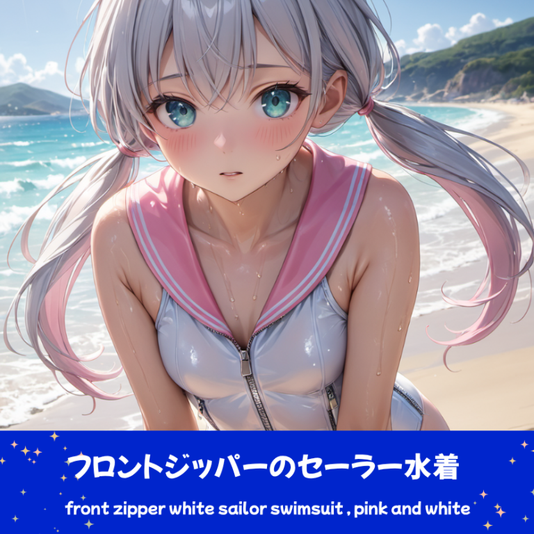 フロントジッパー付き白セーラー水着で少し照れるさみさん。下部のプロンプトラベルがデザインアーカイブであることを示している。