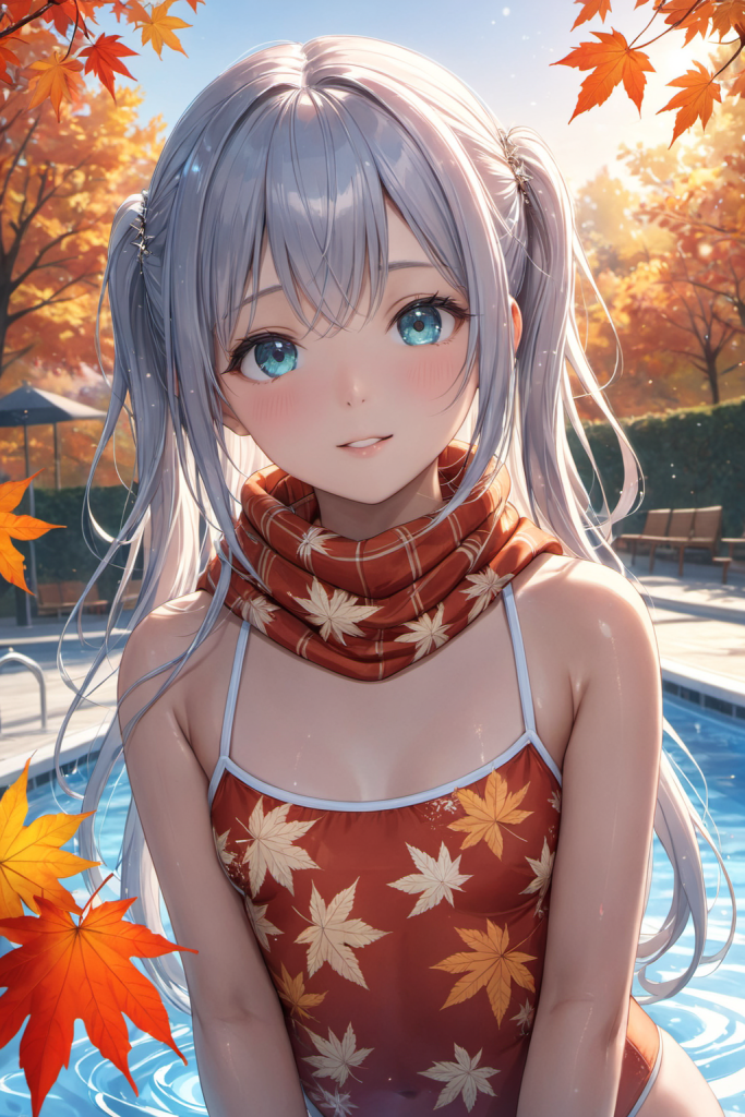 AIイラストで描かれた、もみじ柄が可愛いリゾートに映えるホルターネックビキニ(魅力的なビーチポーズ)。ビーチファッションデザインの形状再現を目的とした技術資料。