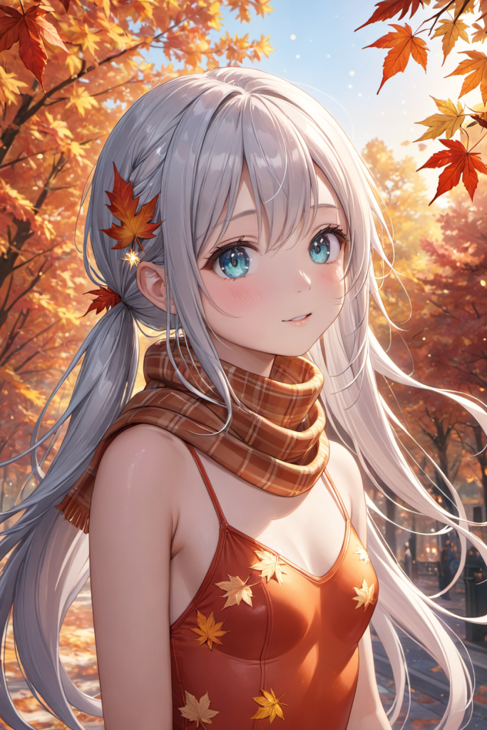 AIイラストによる情緒溢れる紅葉柄ビキニの前後全身像(柔らかな日差しが差し込むプールサイドの演出)。水着デザインのプロンプト検証資料。魅力的なビーチコーデ。