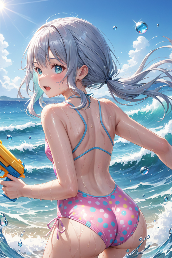 AIイラストによる可愛らしいポルカドット柄ビキニの前後全身像（真夏の太陽が降り注ぐビーチの光の演出）。水着デザインのプロンプト検証資料。魅力的なビーチコーデ。