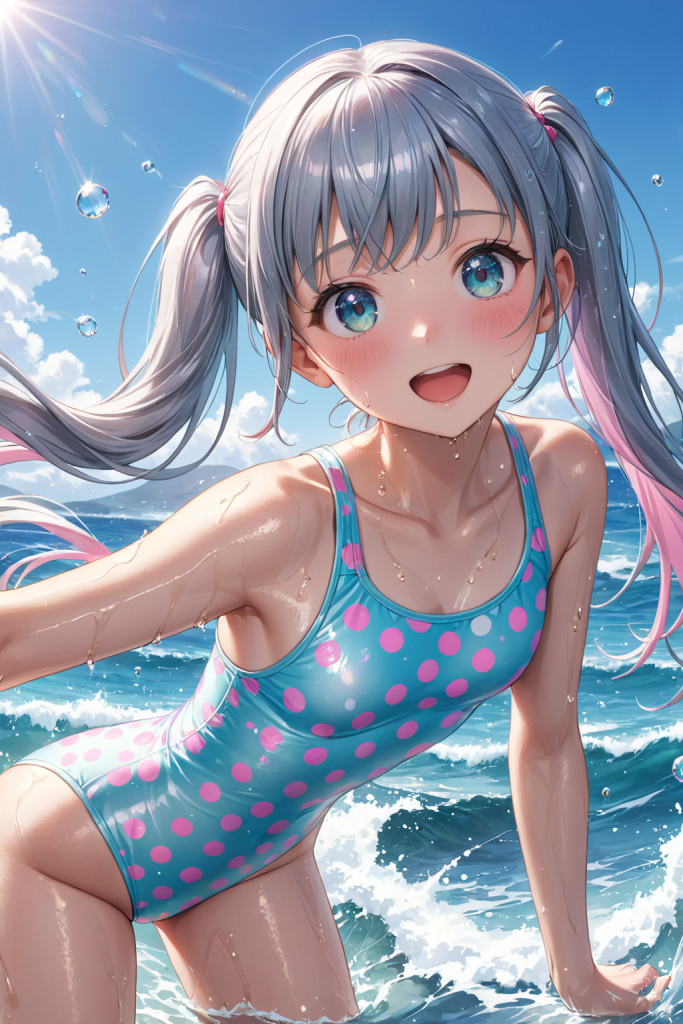 AIイラストで描かれた、永遠の定番である水玉（ポルカドット）柄が海に映えるビキニ（前後全身像）。魅力的な水着プロンプトの構成案を紹介する技術資料。下部のラベルがデザインアーカイブであることを示している。