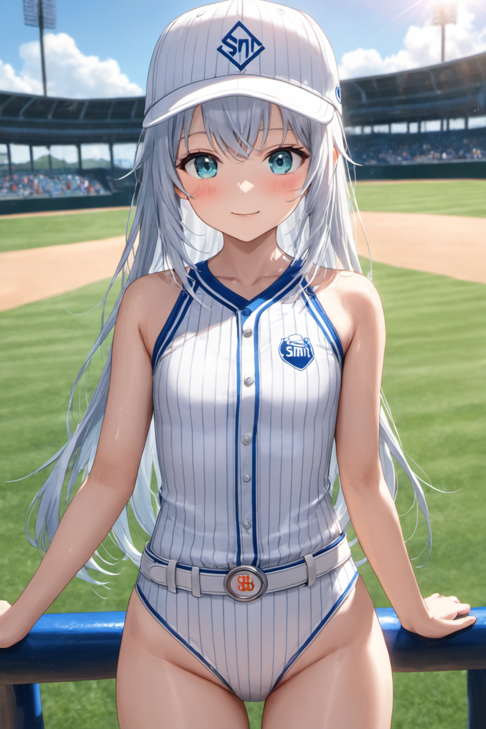 野球場のスタジアムを背景に、ピンストライプ柄の野球ユニフォーム風水着とキャップを着用して微笑む銀髪の「さみさん」。スポーティーな最新AIイラスト。