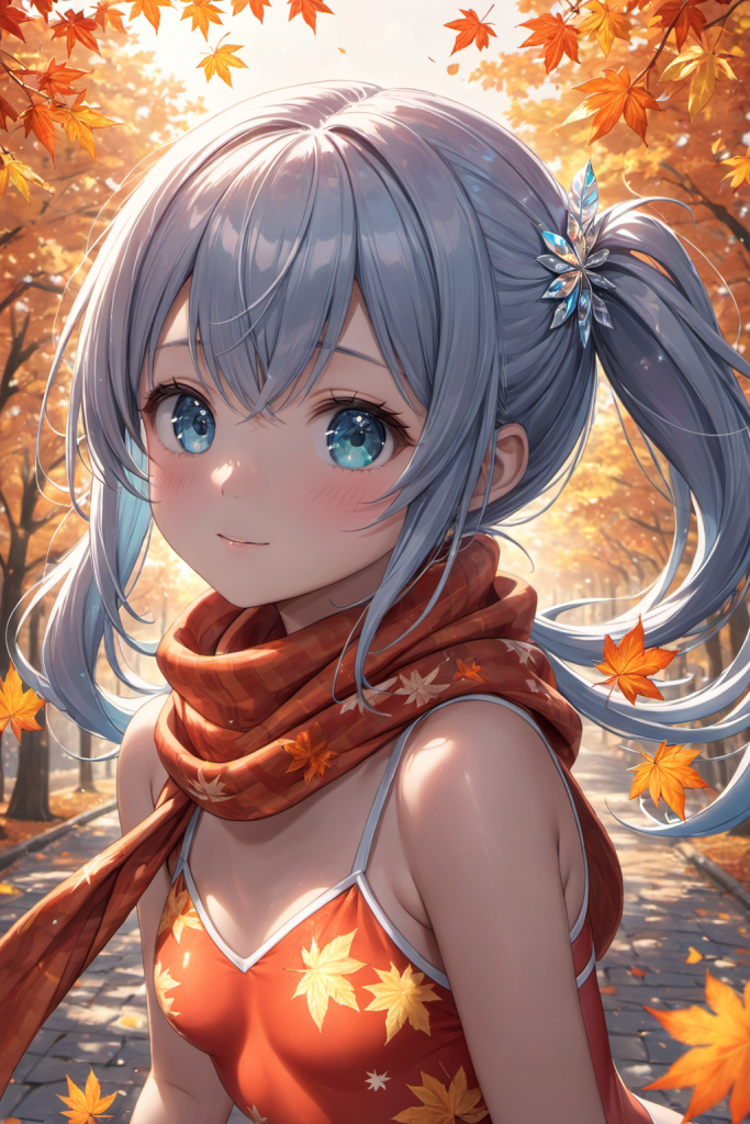 AIイラストで描かれた、秋の彩りが美しい紅葉(もみじ)柄がプールサイドに映えるビキニ(前後全身像)。魅力的な水着プロンプトの構成案を紹介する技術資料。下部のラベルがデザインアーカイブであることを示している。