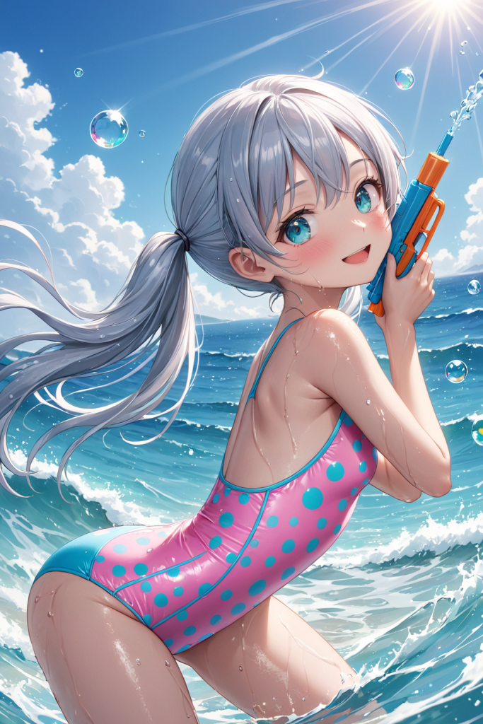 AIイラストで描かれた、水玉柄ビキニの前後全身像（わずかに斜めを向いたポーズ）。同じプロンプトによる形状再現のバリエーション。ビーチファッションのデザイン例。