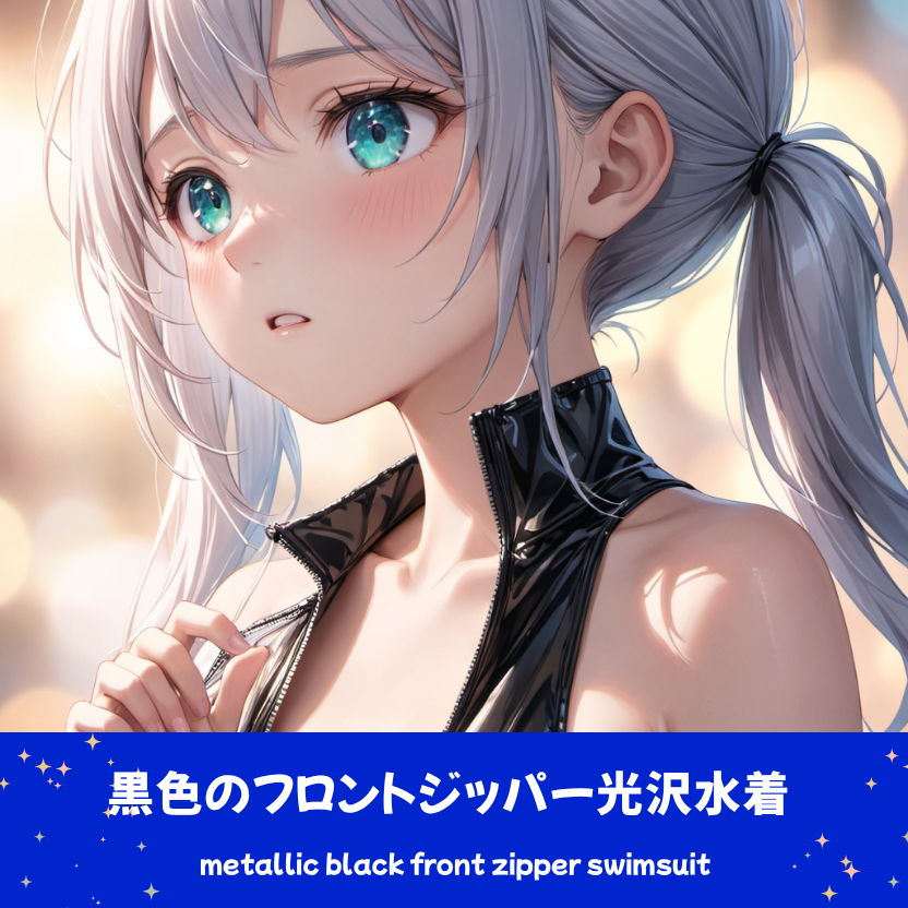 胸元が開いた黒のフロントジッパー水着を着たさみさん。下部のプロンプトラベルがデザインアーカイブであることを示している。