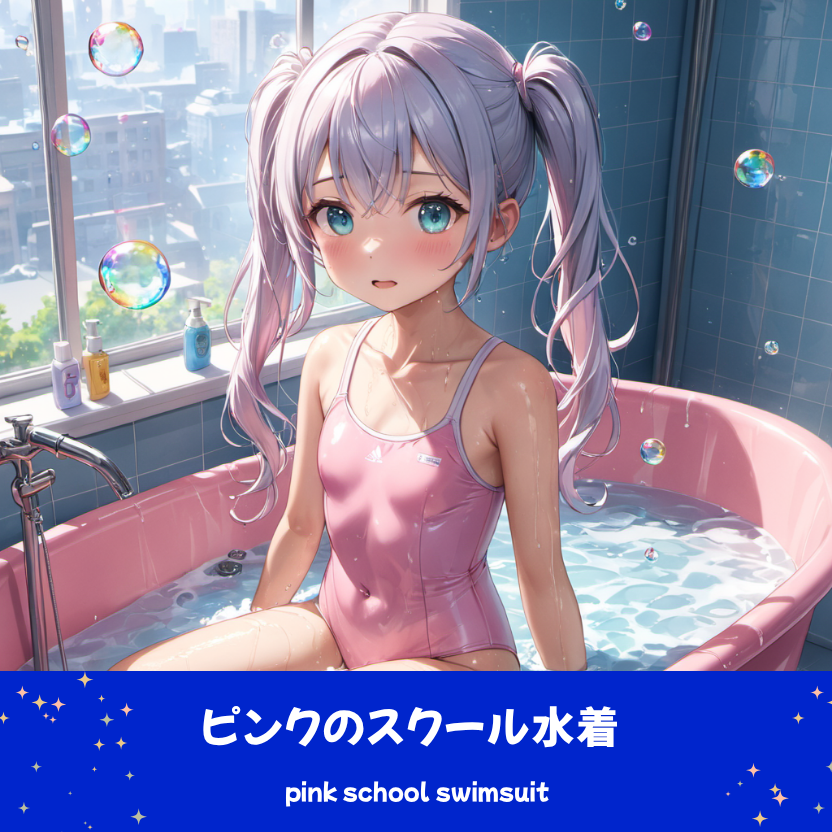 ピンクのスクール水着（スク水）でお風呂に入っているさみさん。シャボン玉も飛び交い美しいイラスト。下部のプロンプトラベルがデザインアーカイブであることを示している。