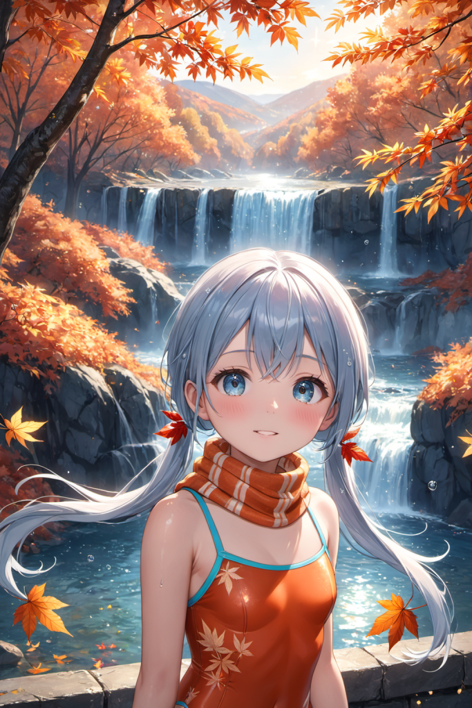 AIイラストで描かれた、紅葉柄ビキニの前後全身像(わずかに斜めを向いたポーズ)。同じプロンプトによる形状再現のバリエーション。ビーチファッションのデザイン例。