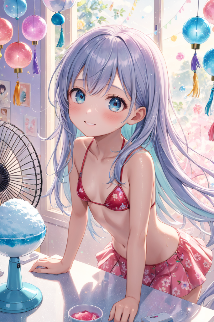 AIイラストで描かれた、小花柄が可愛い日本の夏を感じるフリルビキニ(魅力的な室内のポーズ)。ビーチファッションデザインの形状再現を目的とした技術資料。