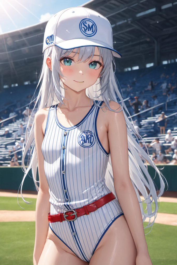 野球場のスタジアムを背景に、ピンストライプ柄の野球ユニフォーム風水着とキャップを着用して微笑む銀髪の「さみさん」。スポーティーな最新AIイラスト。