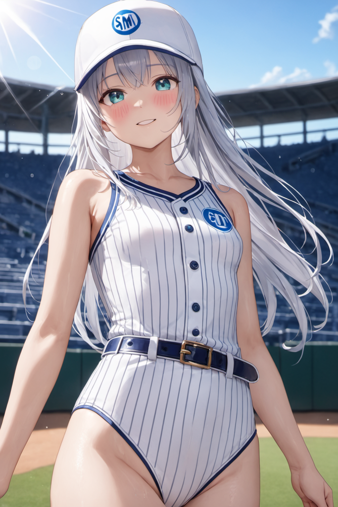 野球場のスタジアムを背景に、ピンストライプ柄の野球ユニフォーム風水着とキャップを着用して微笑む銀髪の「さみさん」。スポーティーな最新AIイラスト。